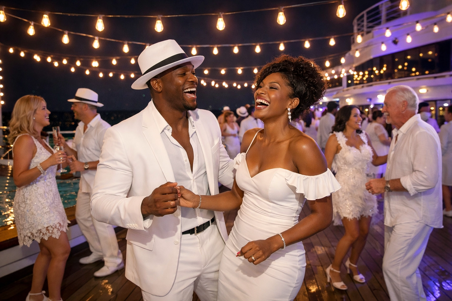 Couple dancing at a cruise ship White Party theme night booked through a lifestyle cruises travel agent.