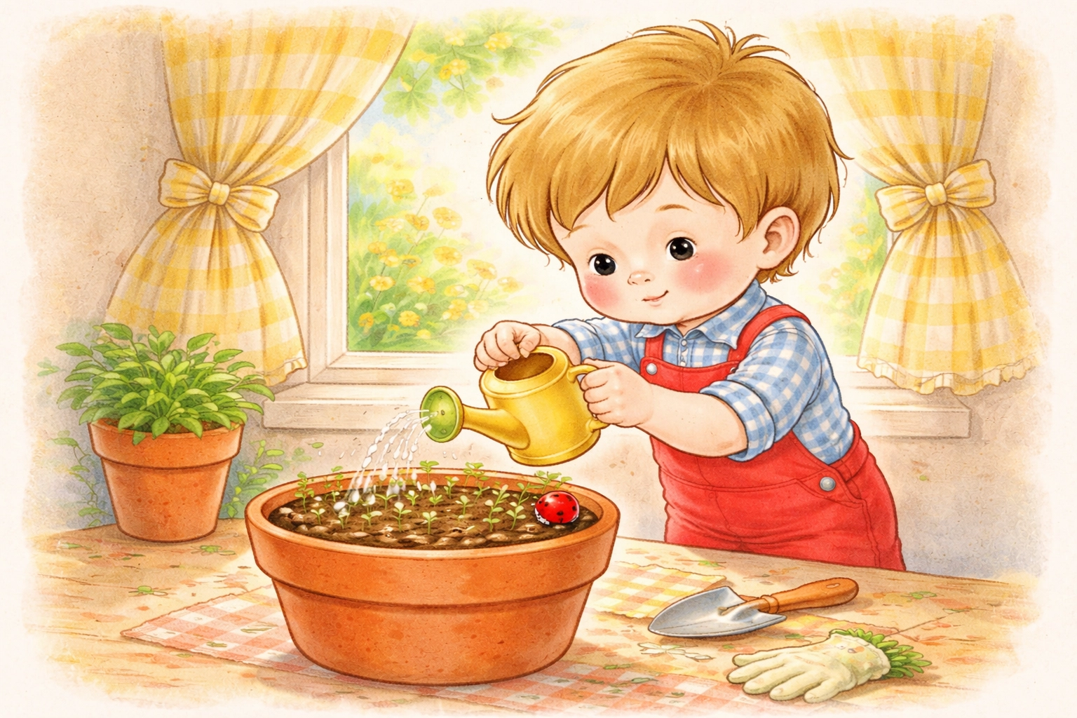 A child waters seedlings in a terracotta pot, nurturing their growing salad plants indoors by the window.