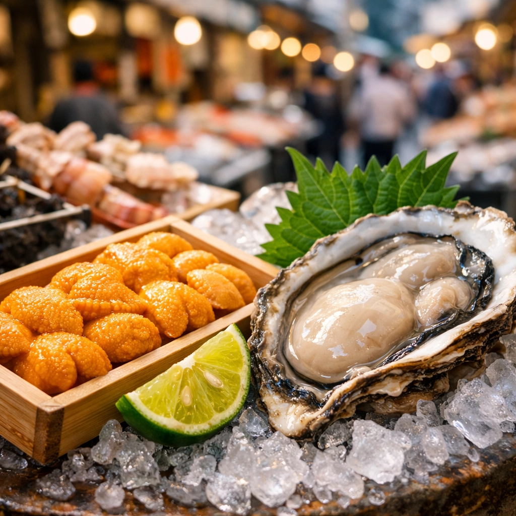 Tsukiji Outer Market Secrets Revealed: What Experts Don’t Want You to Know 2 Fresh sea urchin and a giant oyster on ice at a Tsukiji Outer Market seafood stall.