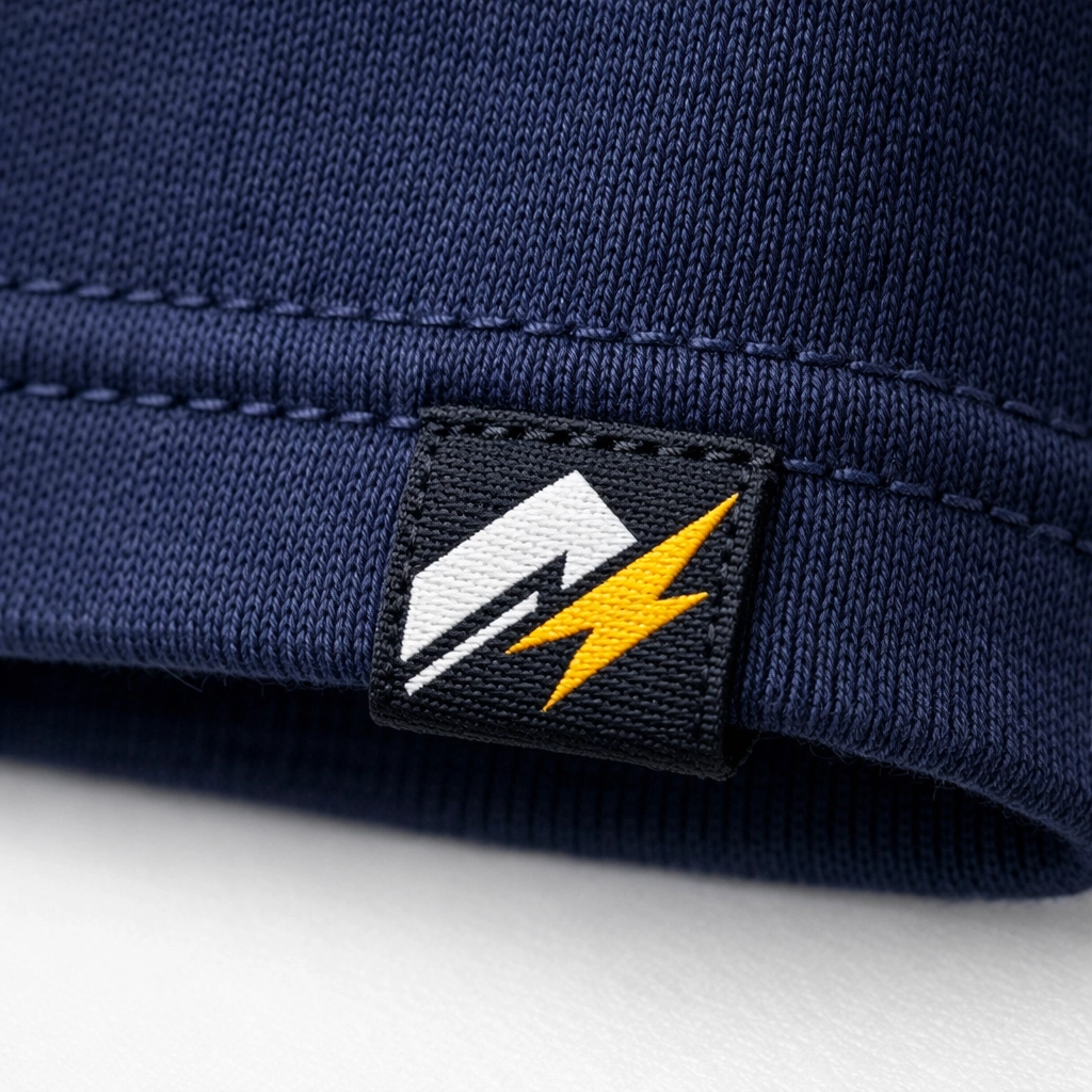 High-quality woven hem tag on a navy blue shirt showing professional apparel branding.