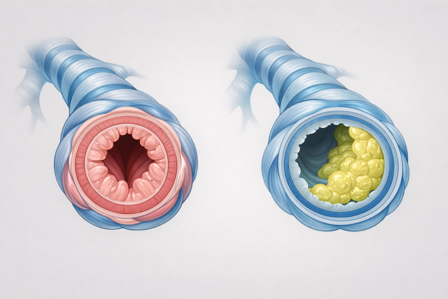 Medical illustration comparing bronchiole airway obstruction in asthma versus cystic fibrosis mucus build-up.