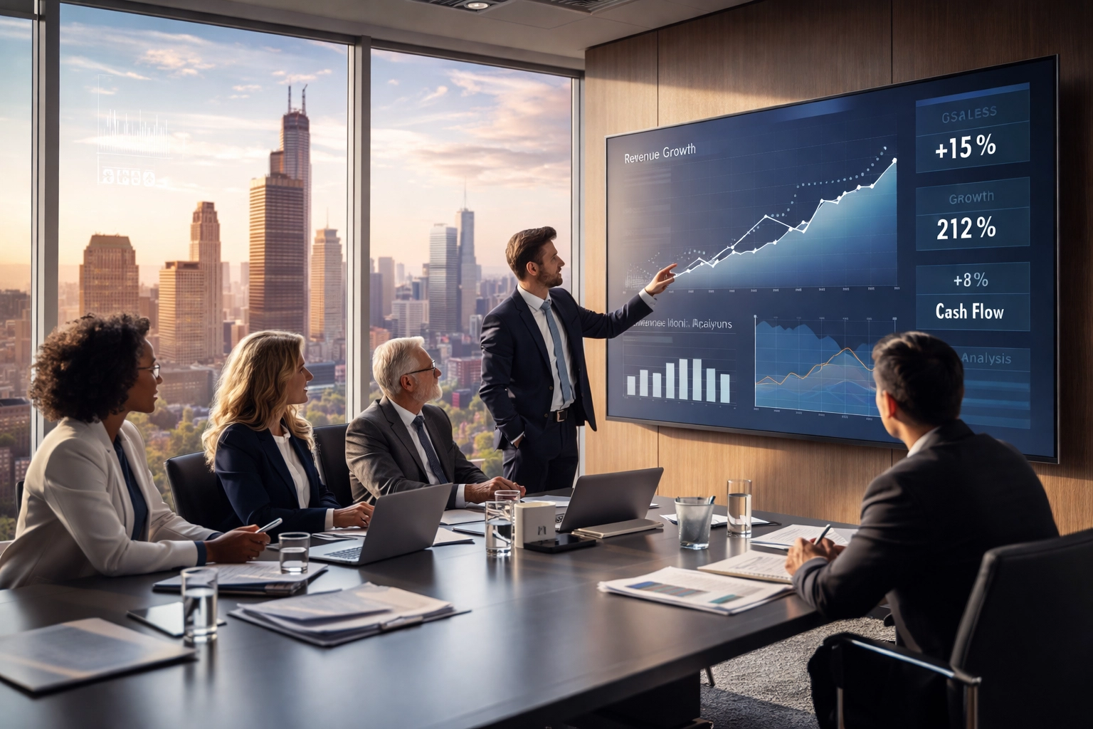 Chicago executive boardroom team reviewing financial charts, highlighting the link between employee engagement and business growth.