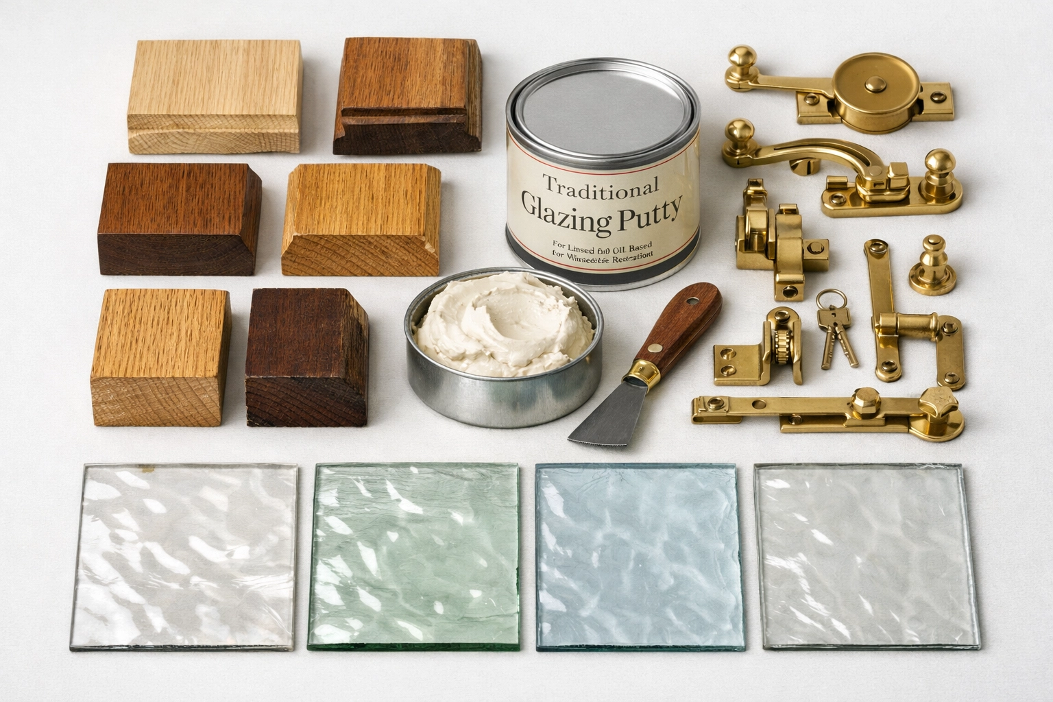 Premium heritage window materials including timber profiles and traditional brass fittings