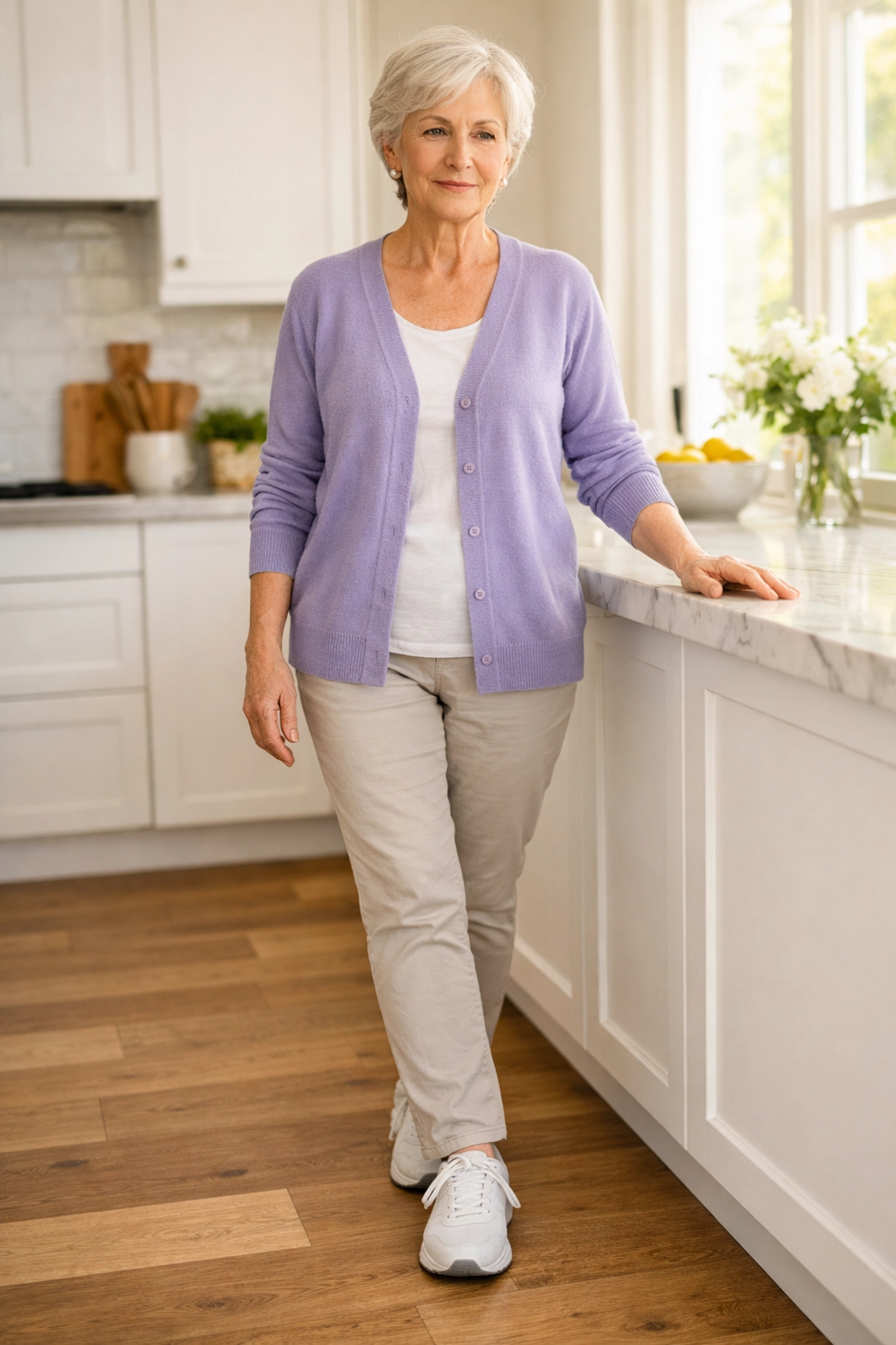 Senior woman performing a tandem balance exercise in a kitchen for improved stability.