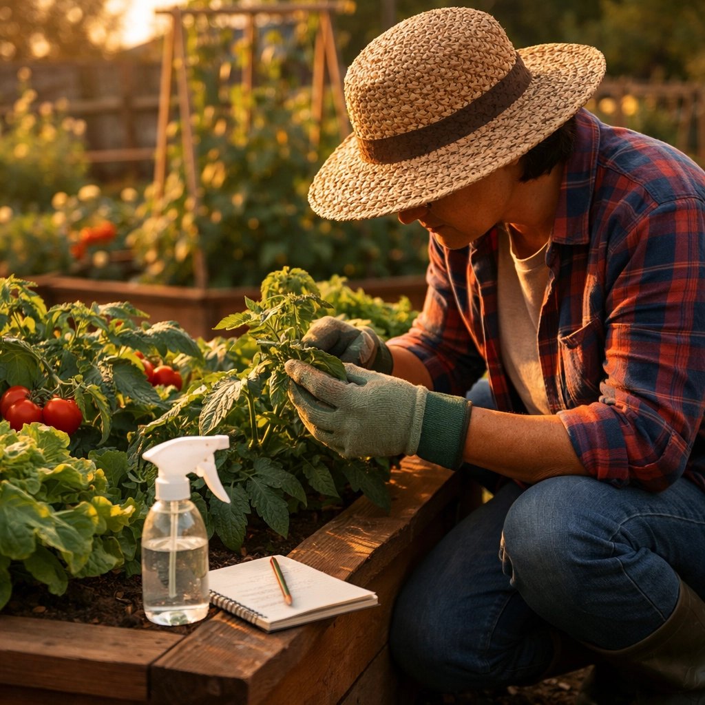 Home gardener inspecting heirloom vegetables in raised garden beds with spray bottle nearby