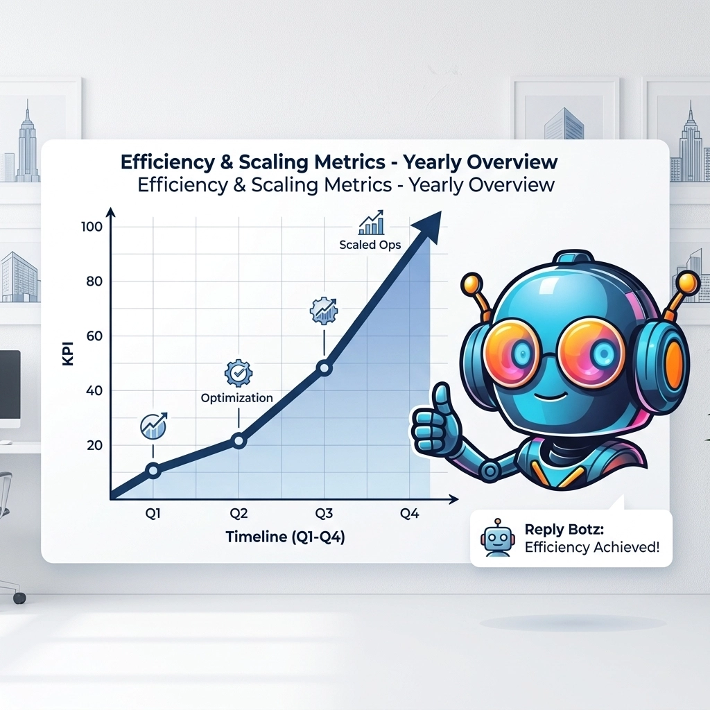 Friendly blue robot mascot showing efficiency gains on a graph