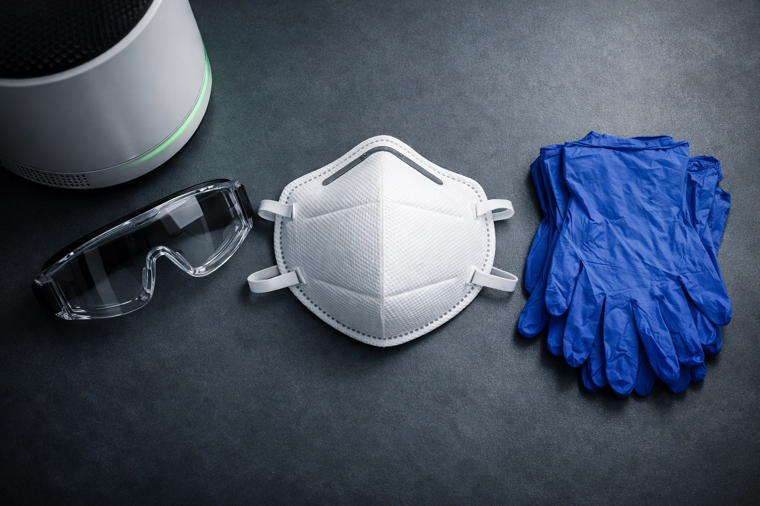 Personal protective equipment featuring N95 respirator masks, nitrile gloves, safety goggles, and a HEPA air purifier.