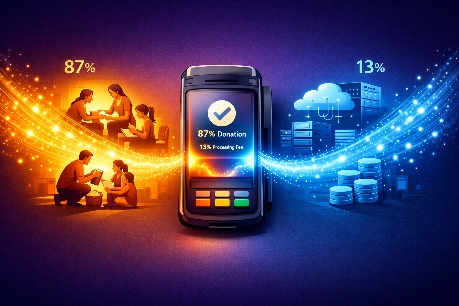 Automatic charitable donation flow from Larecoin transactions showing 87% social impact allocation