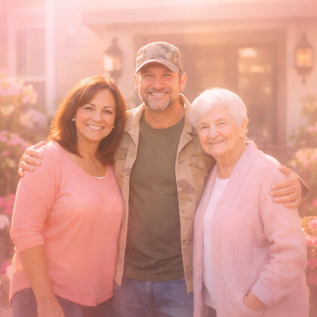 Diverse family standing in front of apartment building ready to move into permanent housing