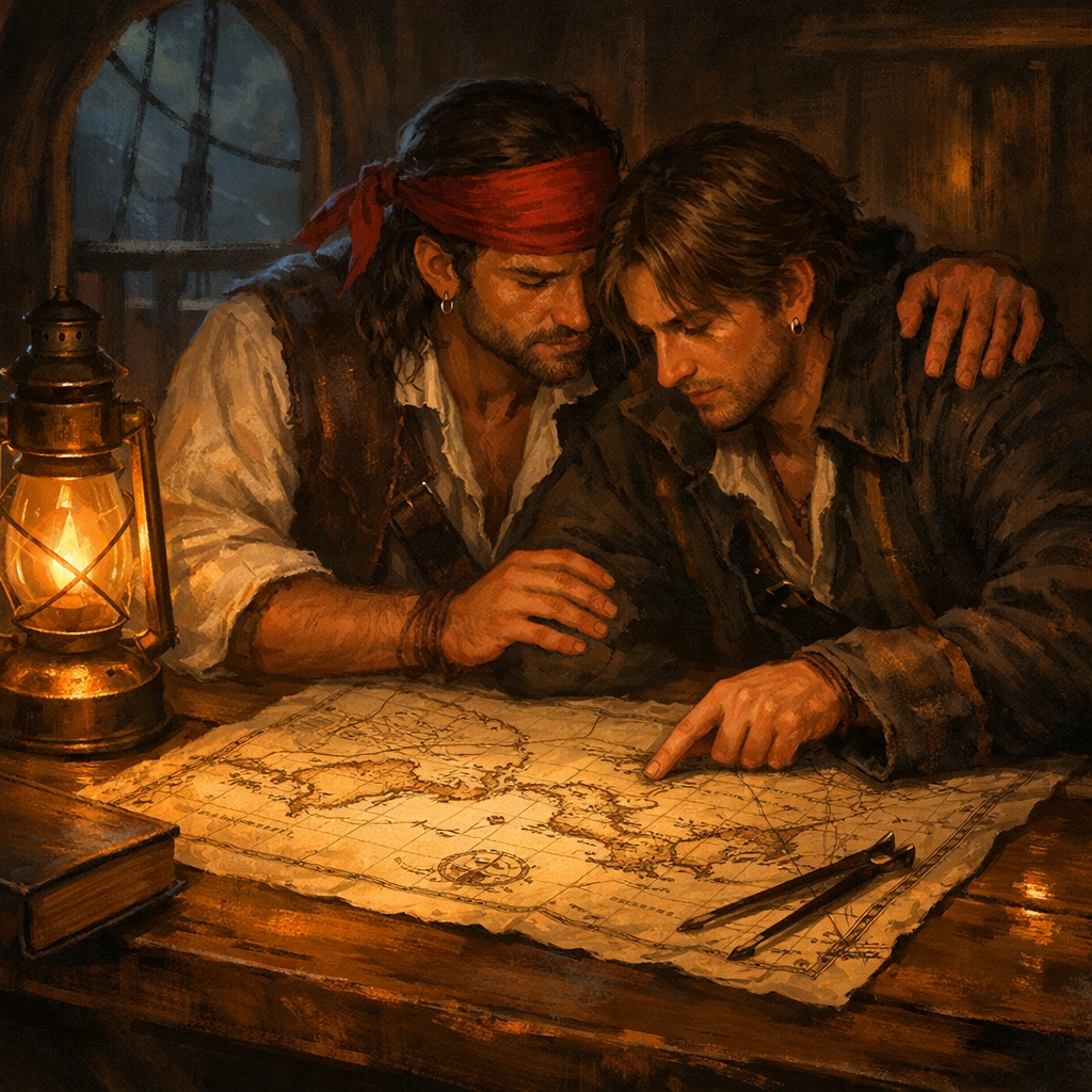 Two gay pirates share a quiet moment in a ship cabin while planning their voyage together.