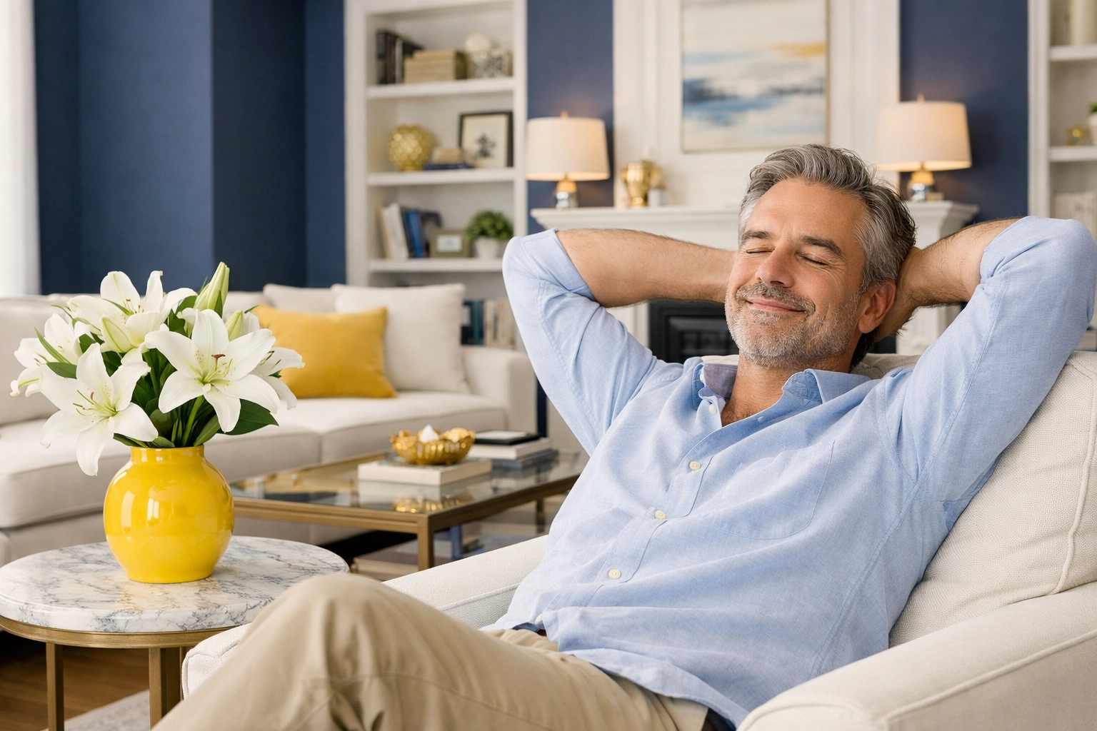 Relaxed homeowner in a pristine living room after receiving top-rated maid services Lowell residents trust.