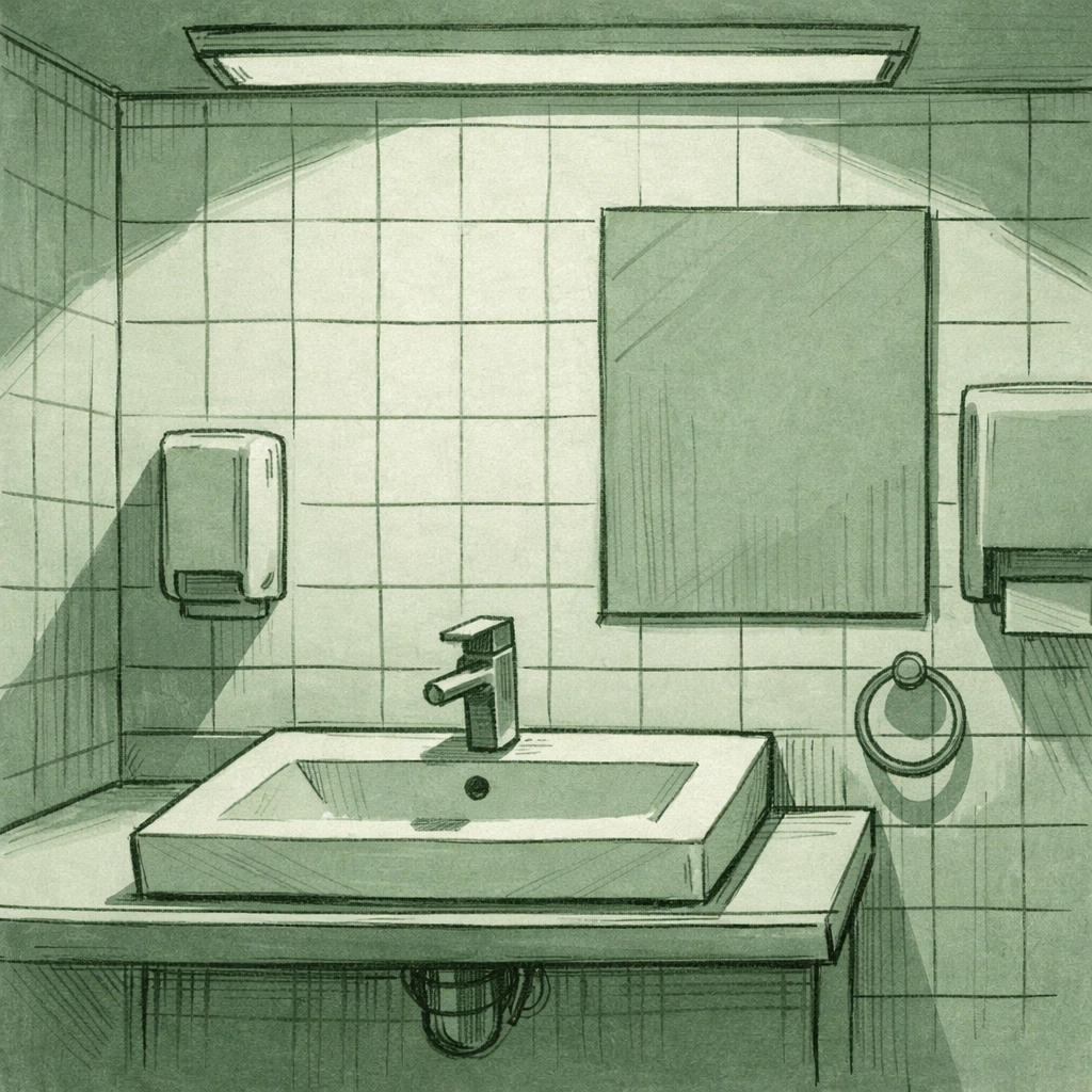 Sterile corporate bathroom with cold tiles and fluorescent lighting workplace reality