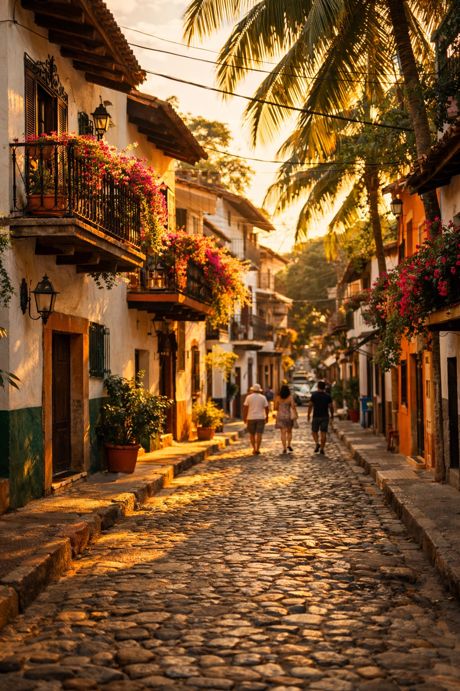Quiet cobblestone street in Zona Romantica Puerto Vallarta with colorful buildings