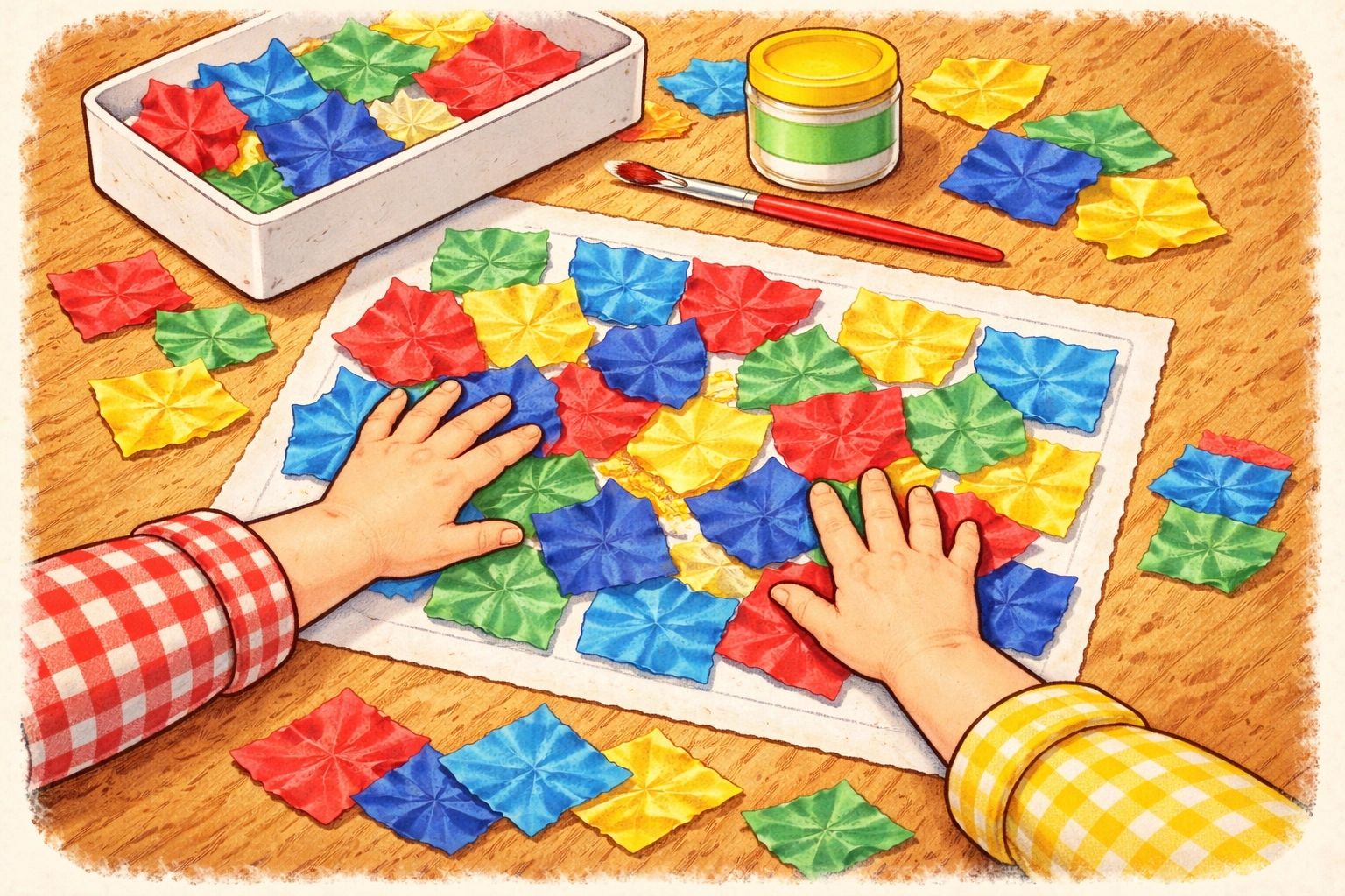 Top view of children's hands pressing colorful tissue paper pieces to make a stained glass window art project