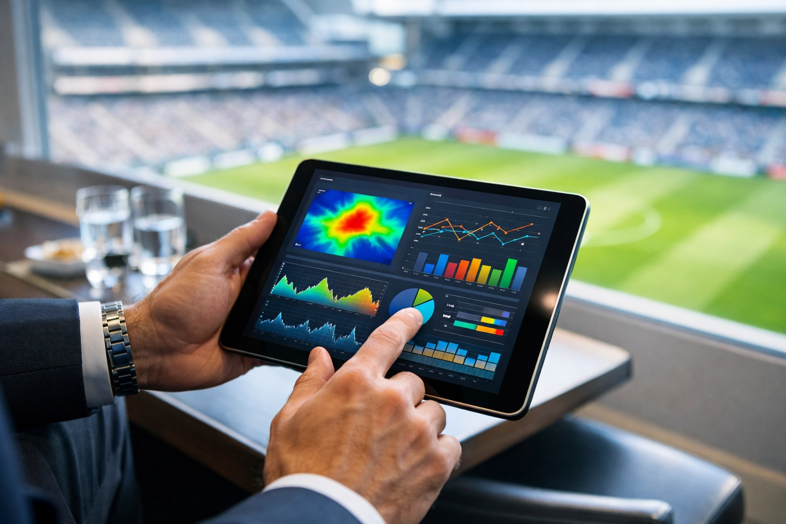 Marketing executive using a tablet to analyze data-driven fan engagement and campaign results in a stadium suite.