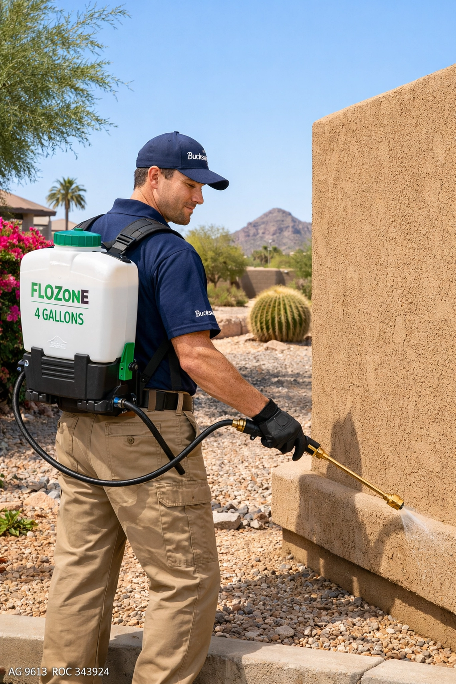 Bucksworth Home Services technician applying a perimeter pest control barrier to a Scottsdale home.