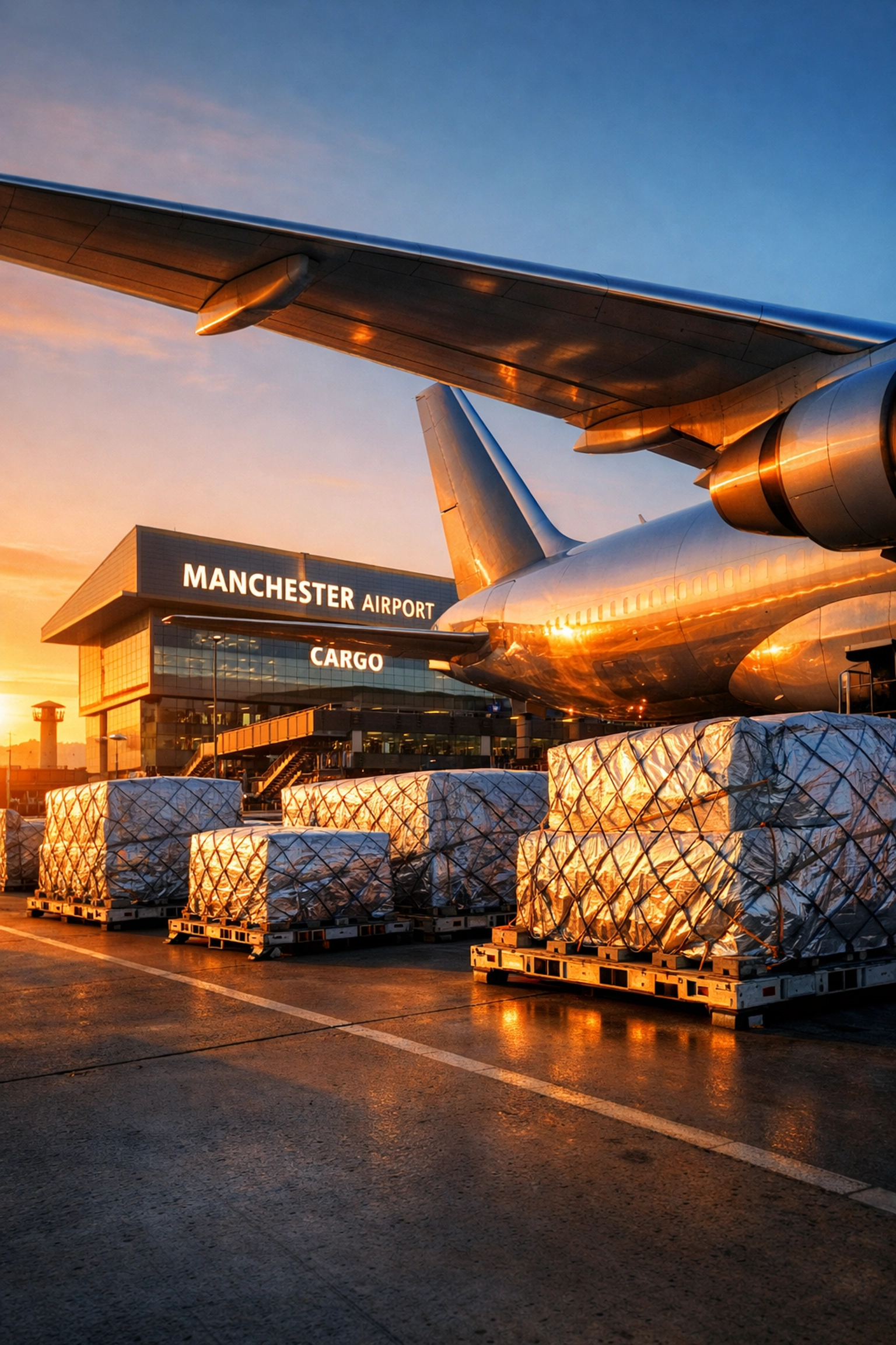 Secure air freight pallets at Manchester Airport ready for UK customs clearance.