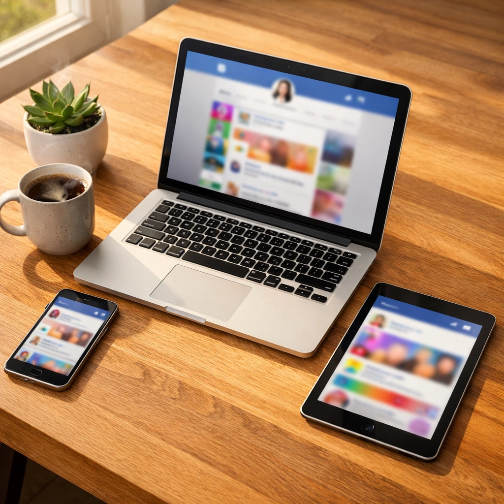 Minimalist home office desk with a laptop and smartphone for managing LearnRise social media.