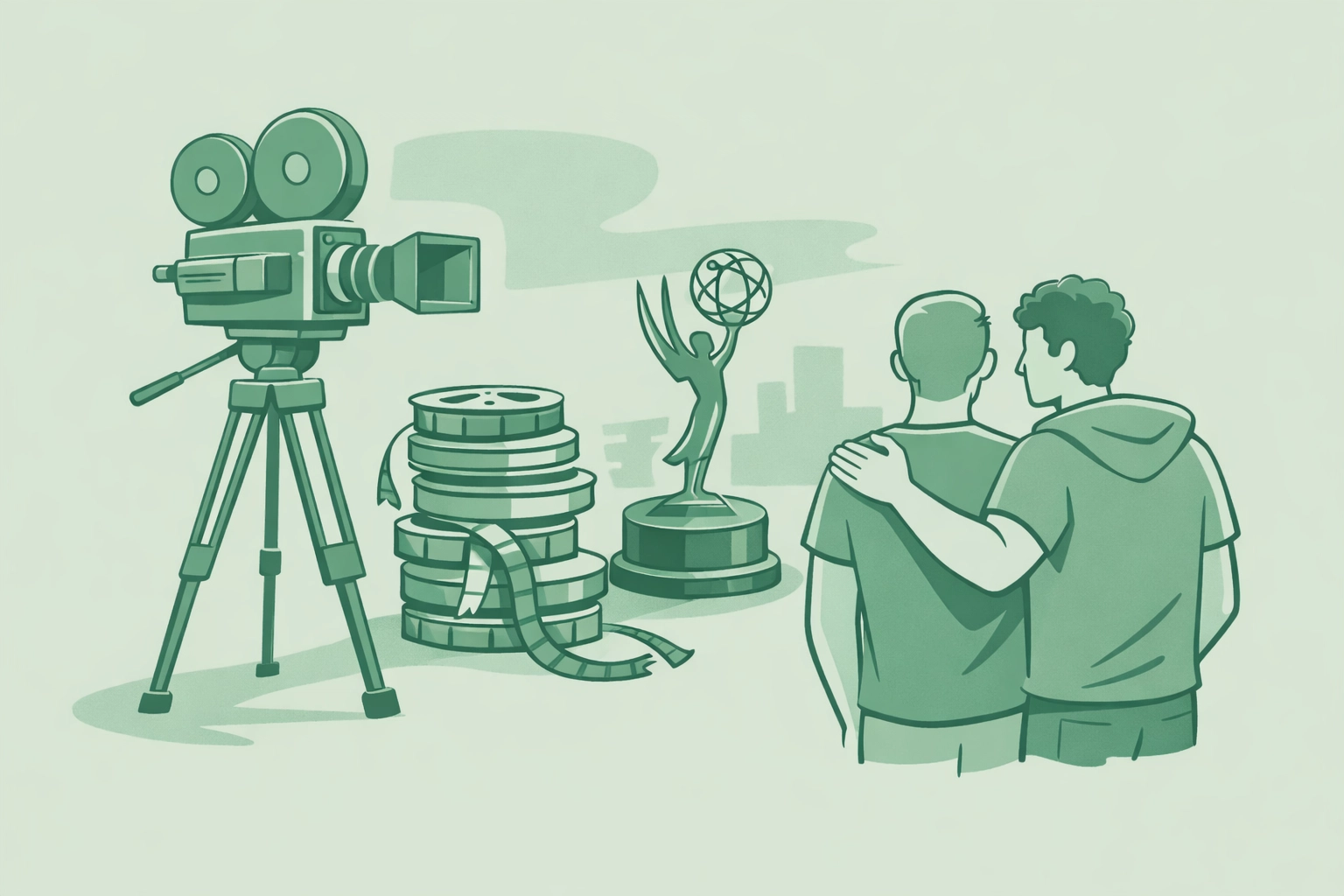 Emmy statuette and film equipment representing Laverne Cox's documentary production work