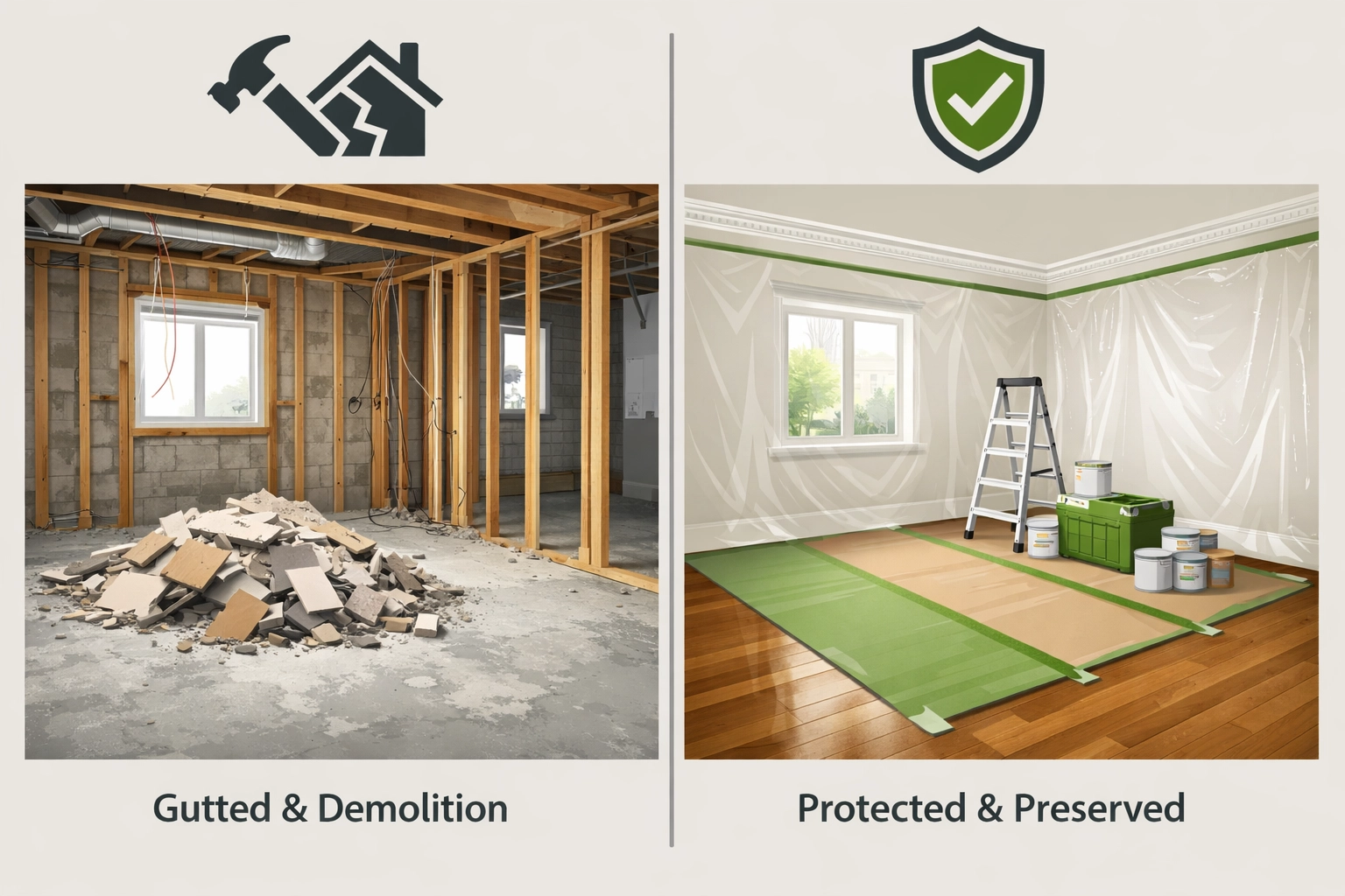 Side-by-side comparison of full teardown versus selective demolition in residential renovation