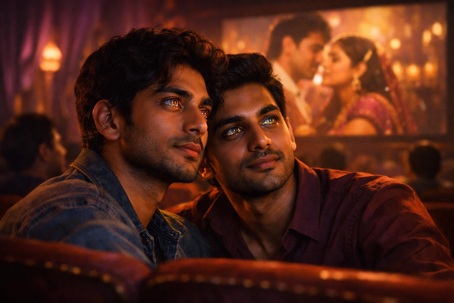 Two Indian gay men watching Bollywood film in cinema, finding queer subtext in classic movies