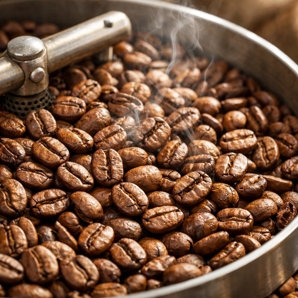 Close-up of freshly roasted specialty coffee beans cooling in a tray to preserve natural oils and flavor.
