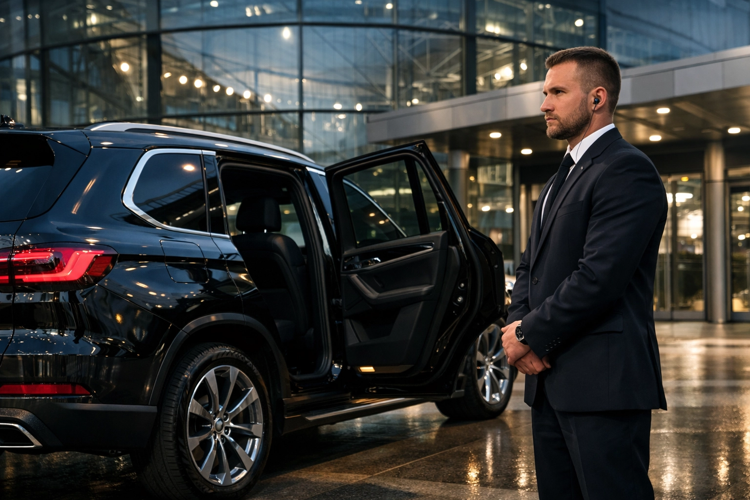 PRESS RELEASE: 7 Mistakes You're Making with Super Bowl Corporate Hospitality (and How to Fix Them) Professional VIP security detail assisting executives from a luxury SUV at a corporate event stadium entrance.