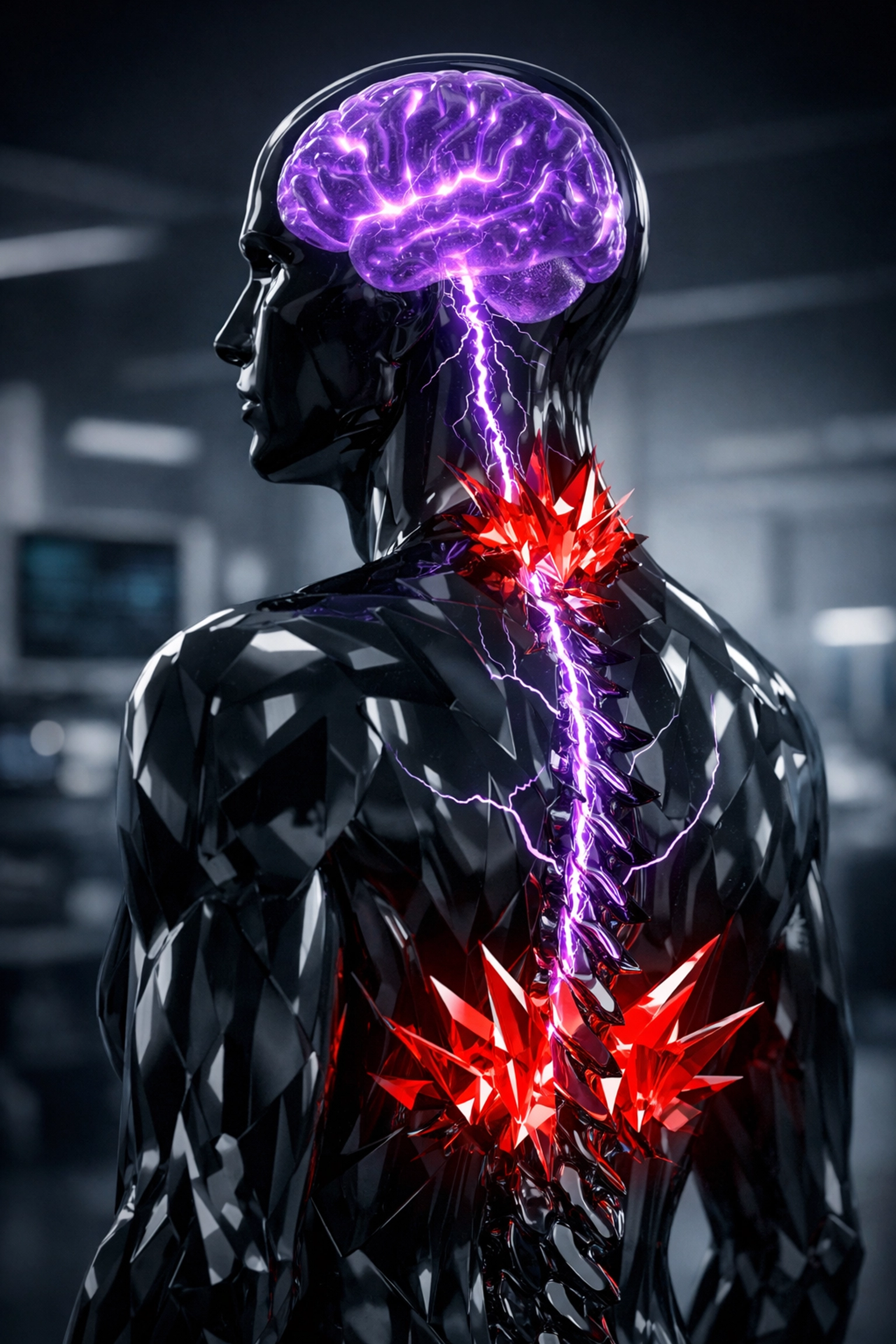 Conceptual visualization of how emotional stress signals turn into chronic physical pain in the nervous system.