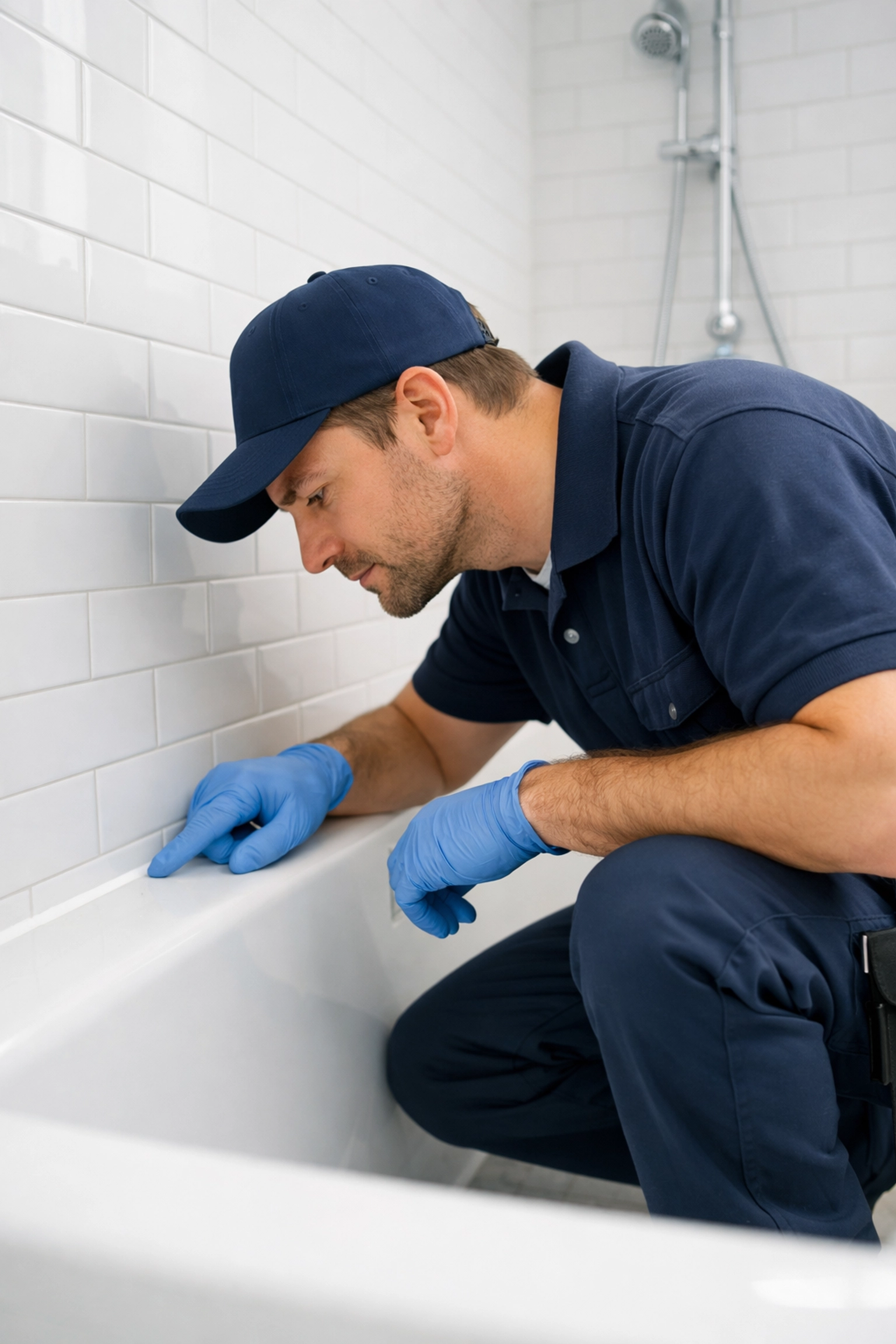 Cleaning technician inspecting bathroom caulking during apartment turnover make-ready process