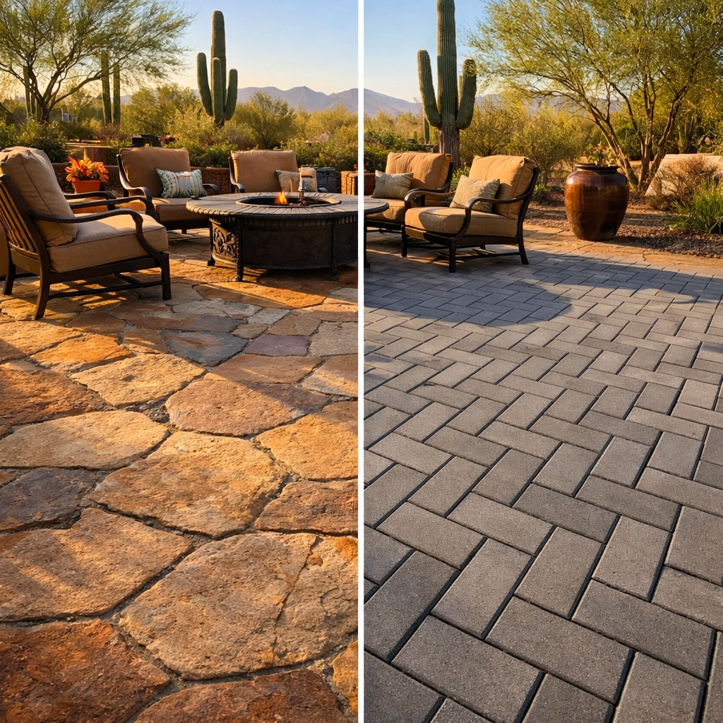 Side-by-side comparison of flagstone patio and paver patio in Tucson backyard with desert landscaping