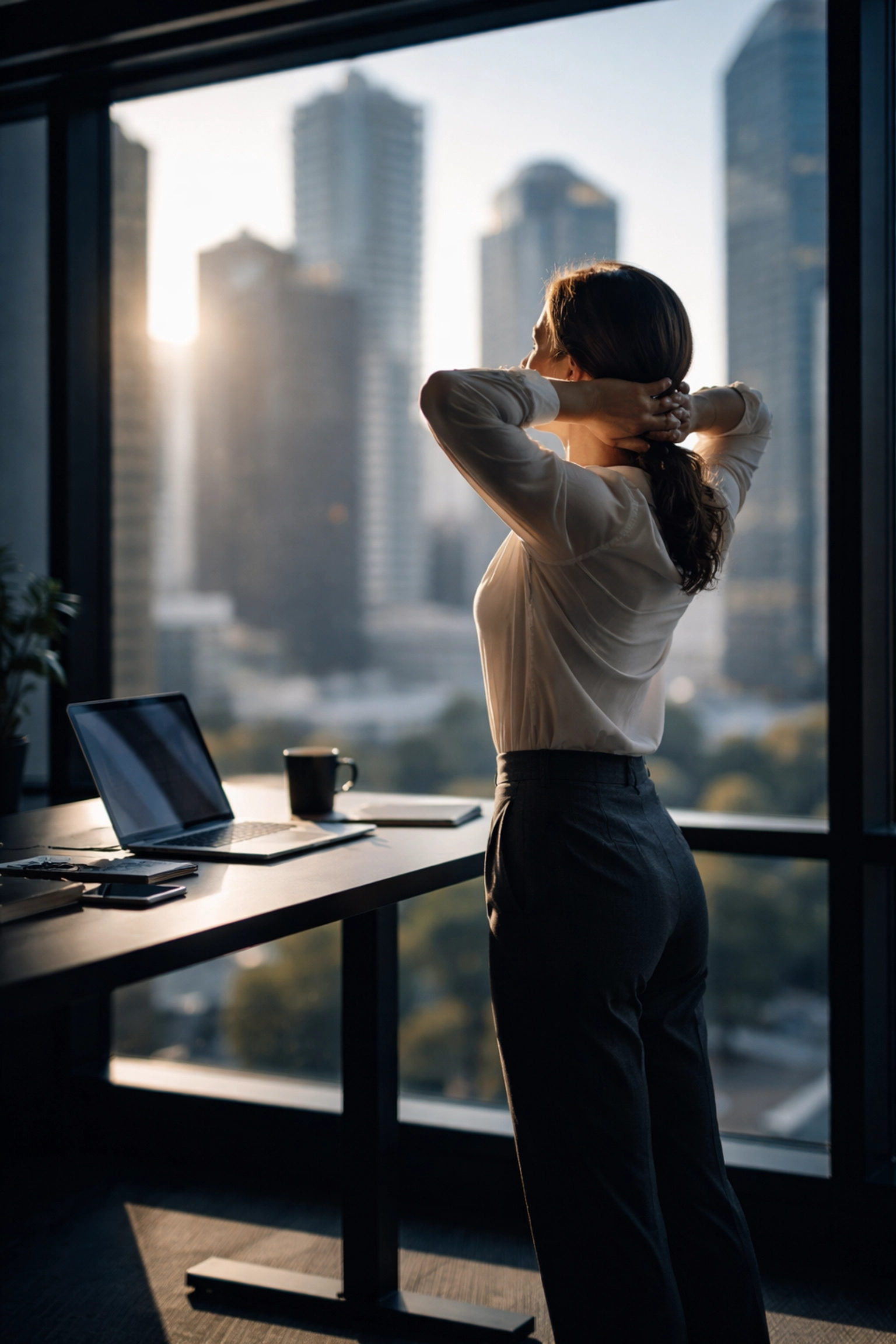 Brisbane office worker stretching at desk, emphasizing chiropractic solutions for tech neck in CBD professionals.