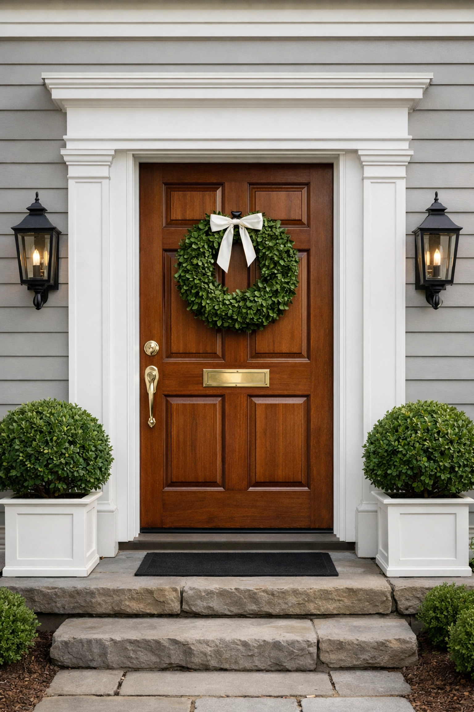 Classic wooden front door of a historic Chagrin Falls home representing high-end residential living.