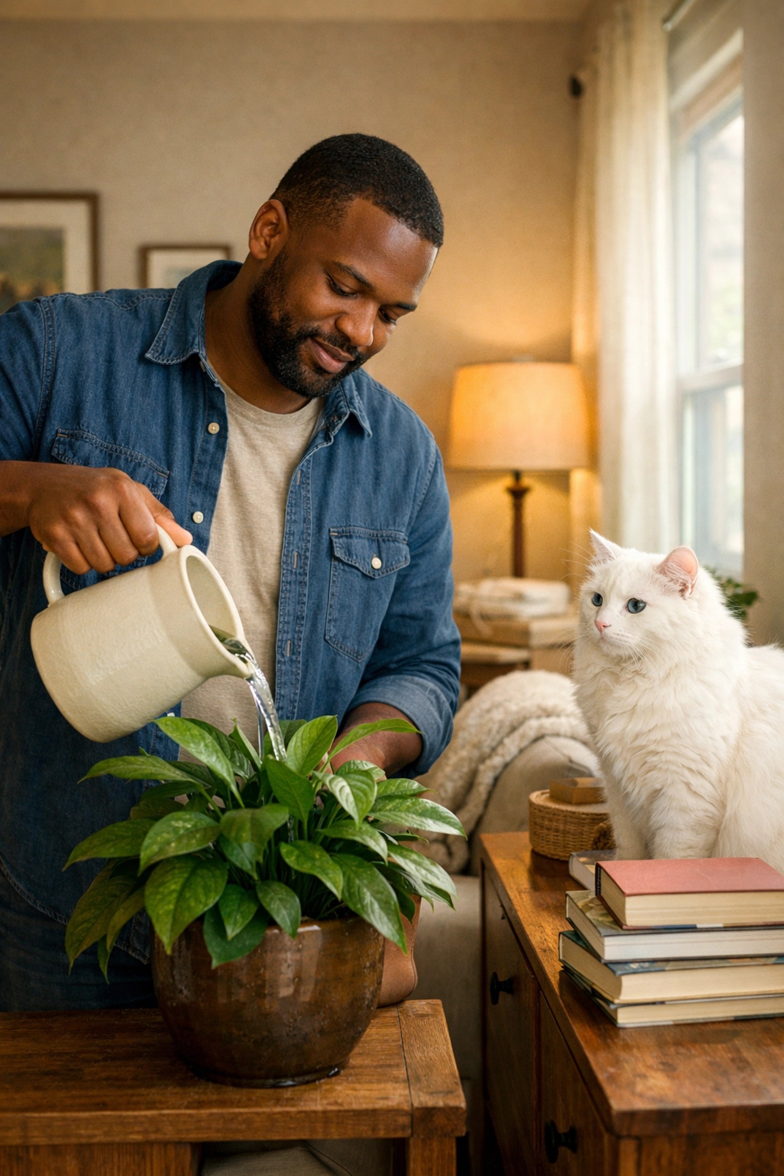 In-home cat sitter watering plants and caring for a white cat to ensure home security while owners are away.