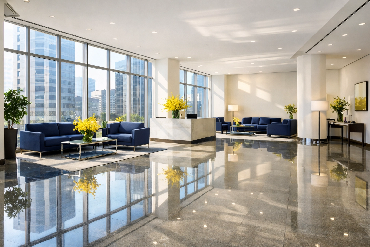 Pristine corporate office lobby in Wakefield, MA with polished floors and professional cleaning results.