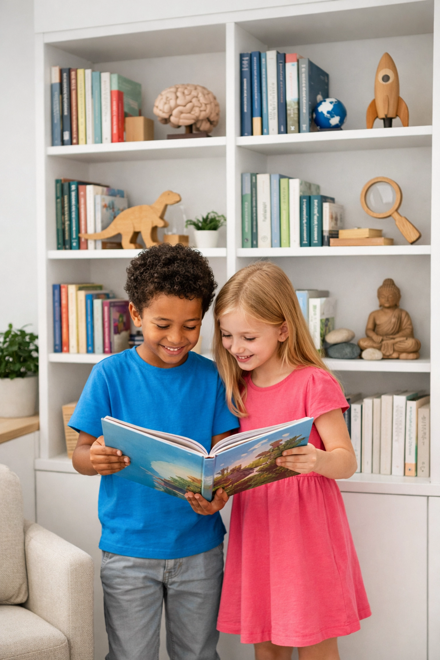 Kinderen vinden leuke boeken in een schoolbibliotheek ingedeeld op thema en onderwerp.