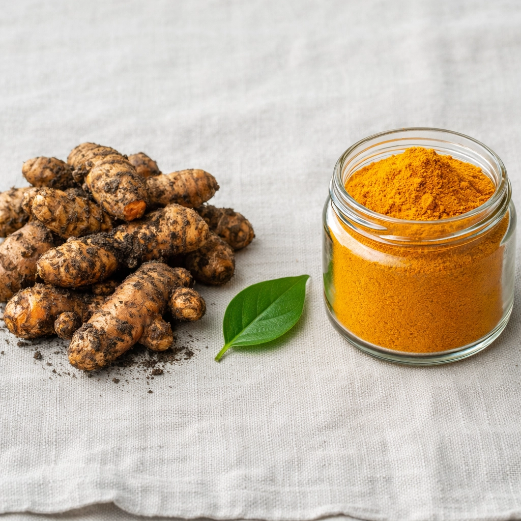 Earthy turmeric roots beside fresh spice powder showing the soil-to-table quality of Kerala spices online.