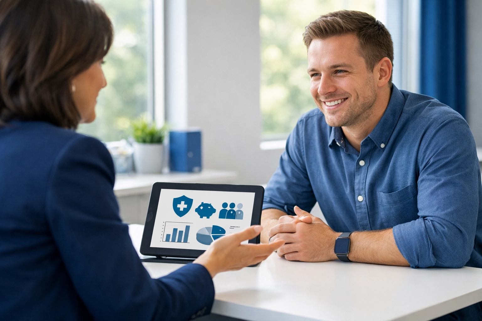 One-on-one benefits counseling session between advisor and employee discussing coverage options