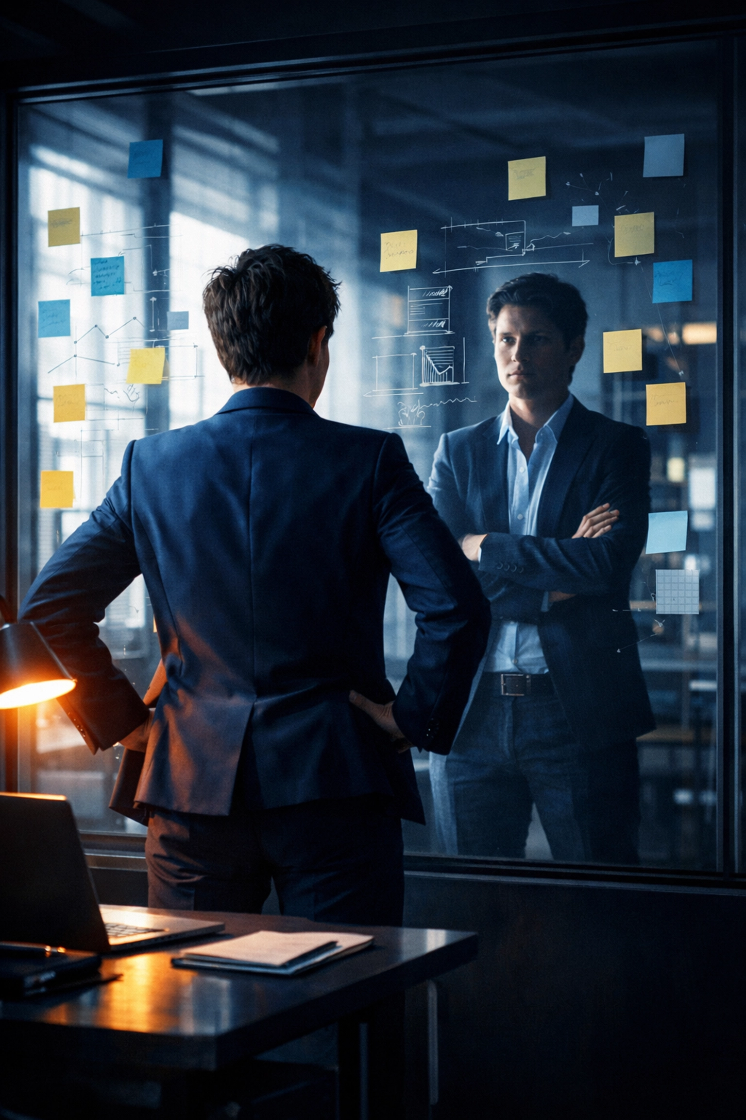 Business owner viewing office reflection showing hidden perspectives and blind spots