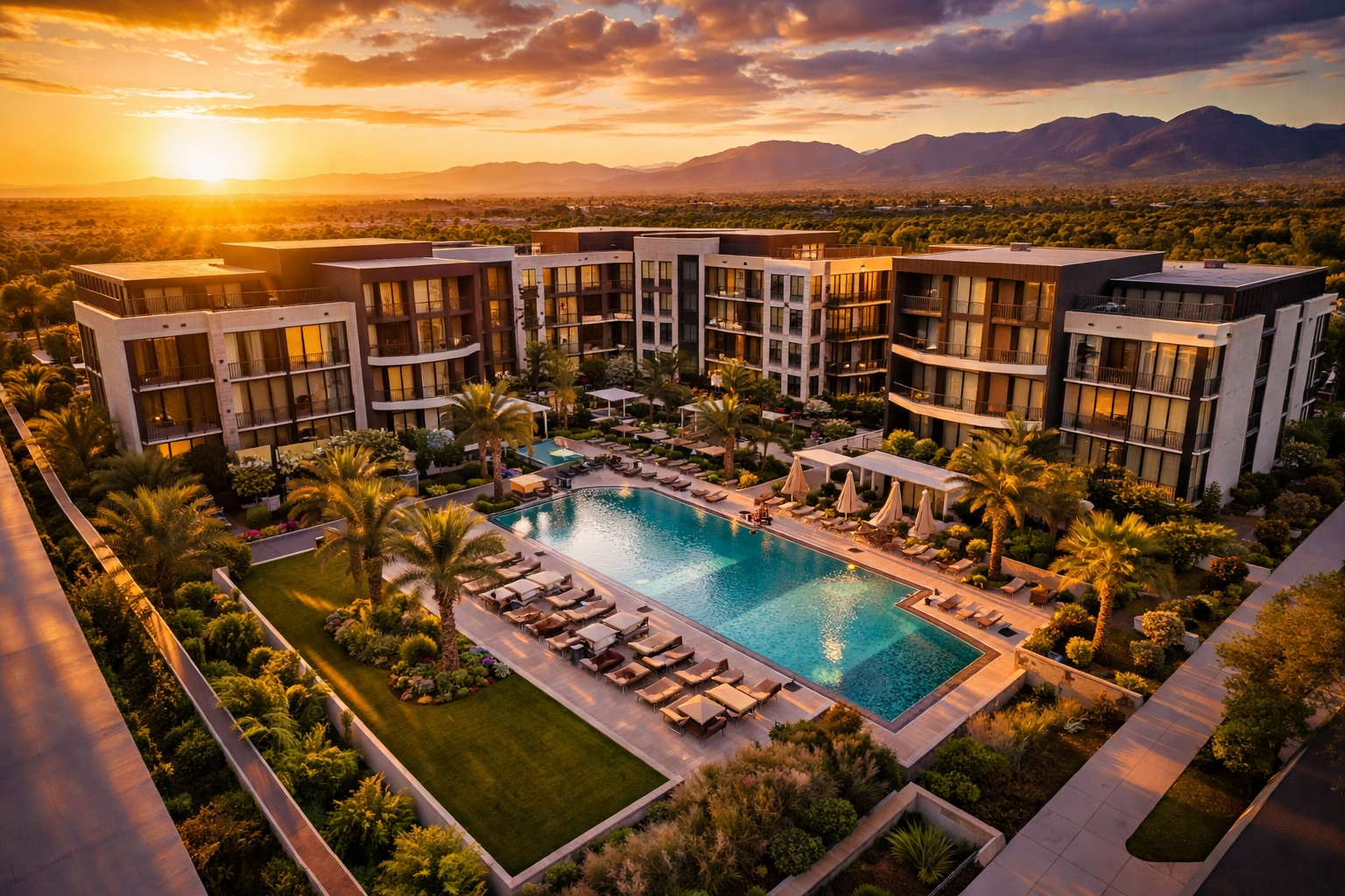 Aerial view of a luxury multifamily real estate complex at sunset, highlighting attractive investment opportunities
