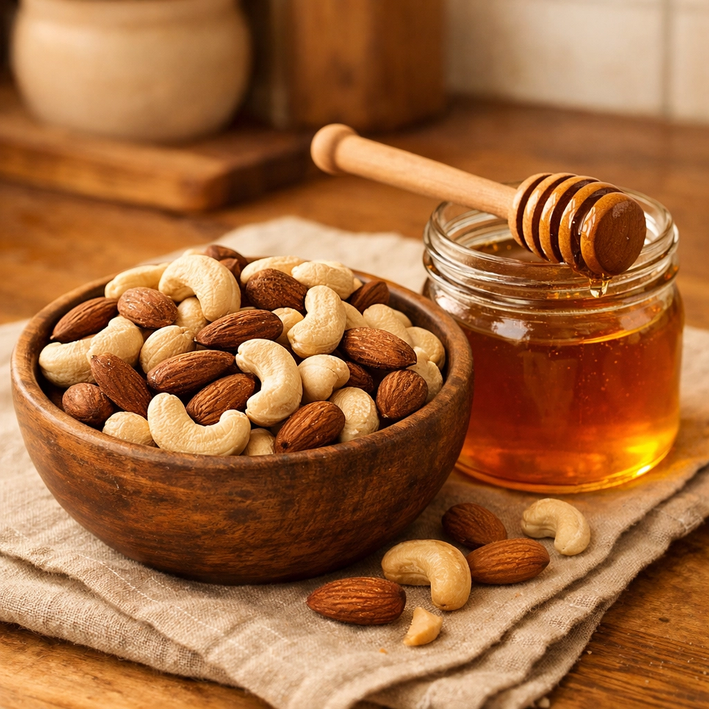 Healthy snacks featuring premium cashews, almonds, and pure forest honey from Kerala.
