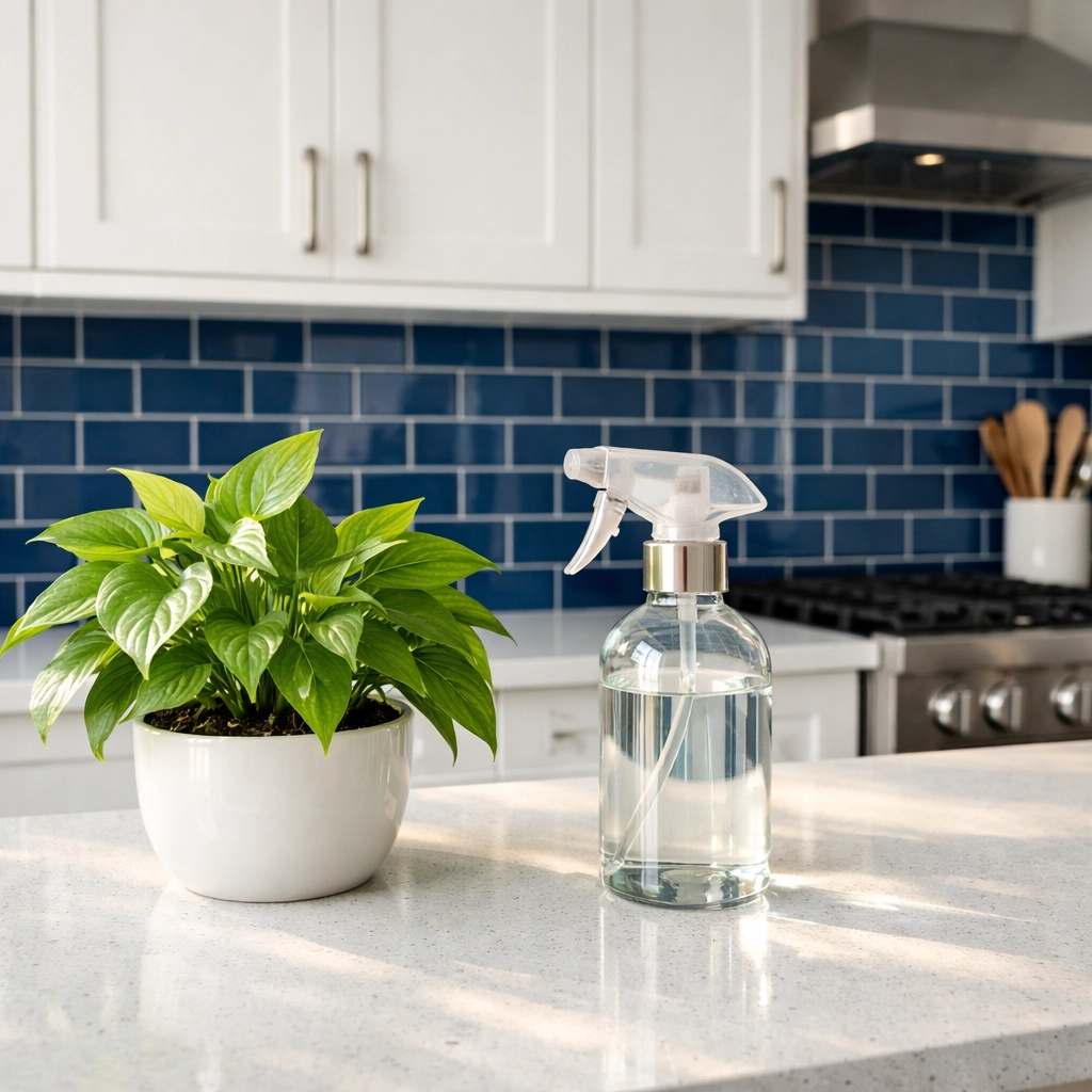 Green residential cleaning services near me using eco-friendly products in a modern kitchen.