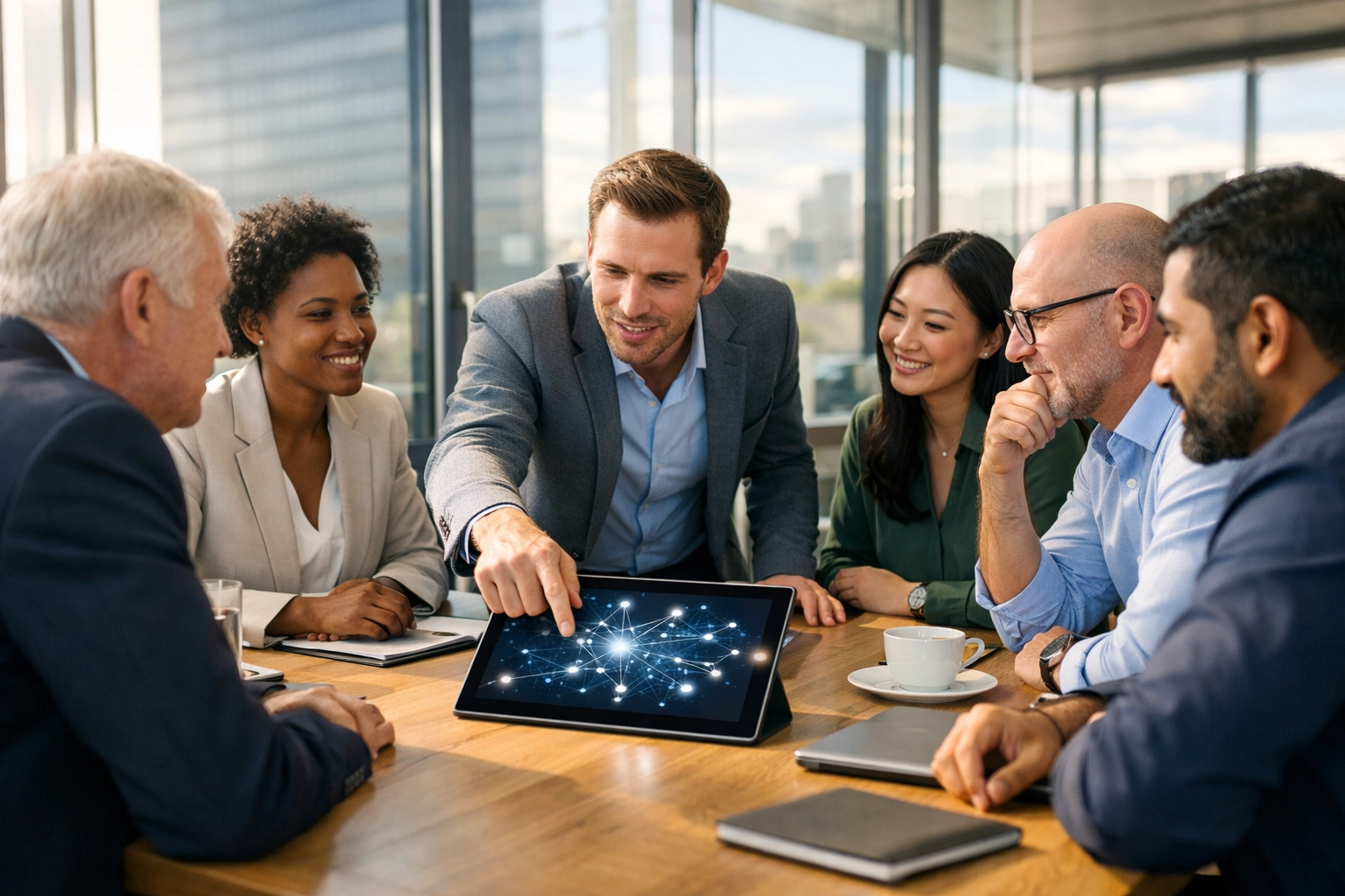 Professional IT consultants collaborating with business leaders on a ServiceNow ITOM implementation strategy.