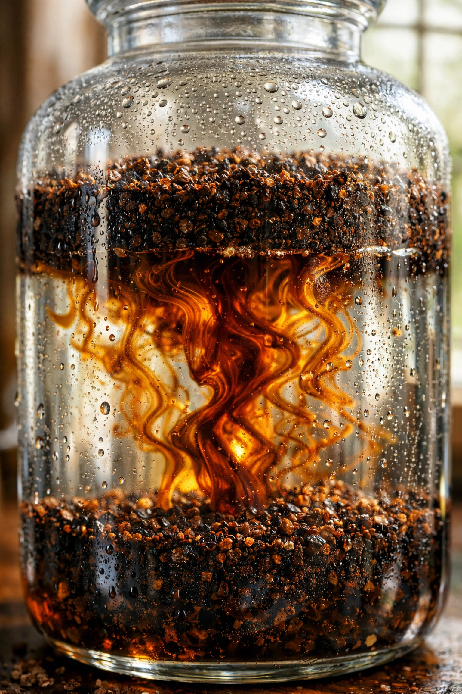 Fresh cold brew coffee extraction in a glass jar with diffusing dark grounds and morning light.