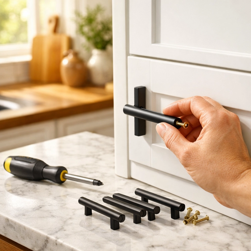 Installing matte black cabinet pulls on white kitchen cabinets for a budget-friendly upgrade