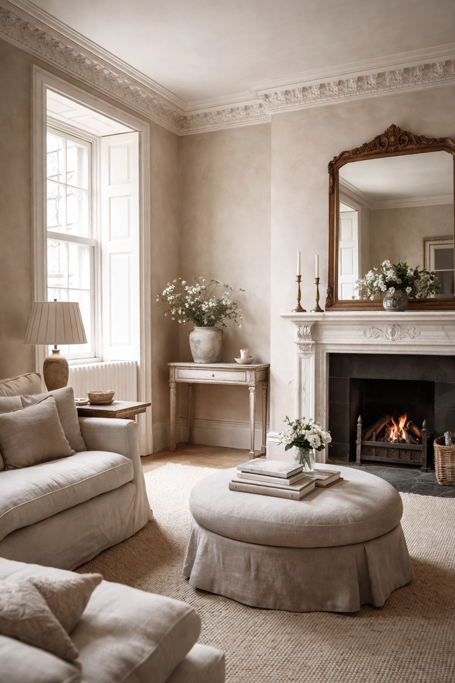 Georgian drawing room in the Cotswolds featuring polished plaster walls and original cornicing