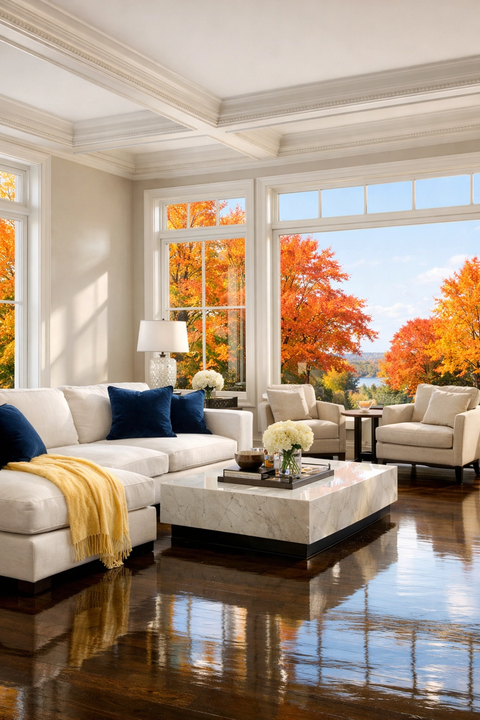 A spotless Massachusetts luxury living room with gleaming floors from professional house cleaning services MA.
