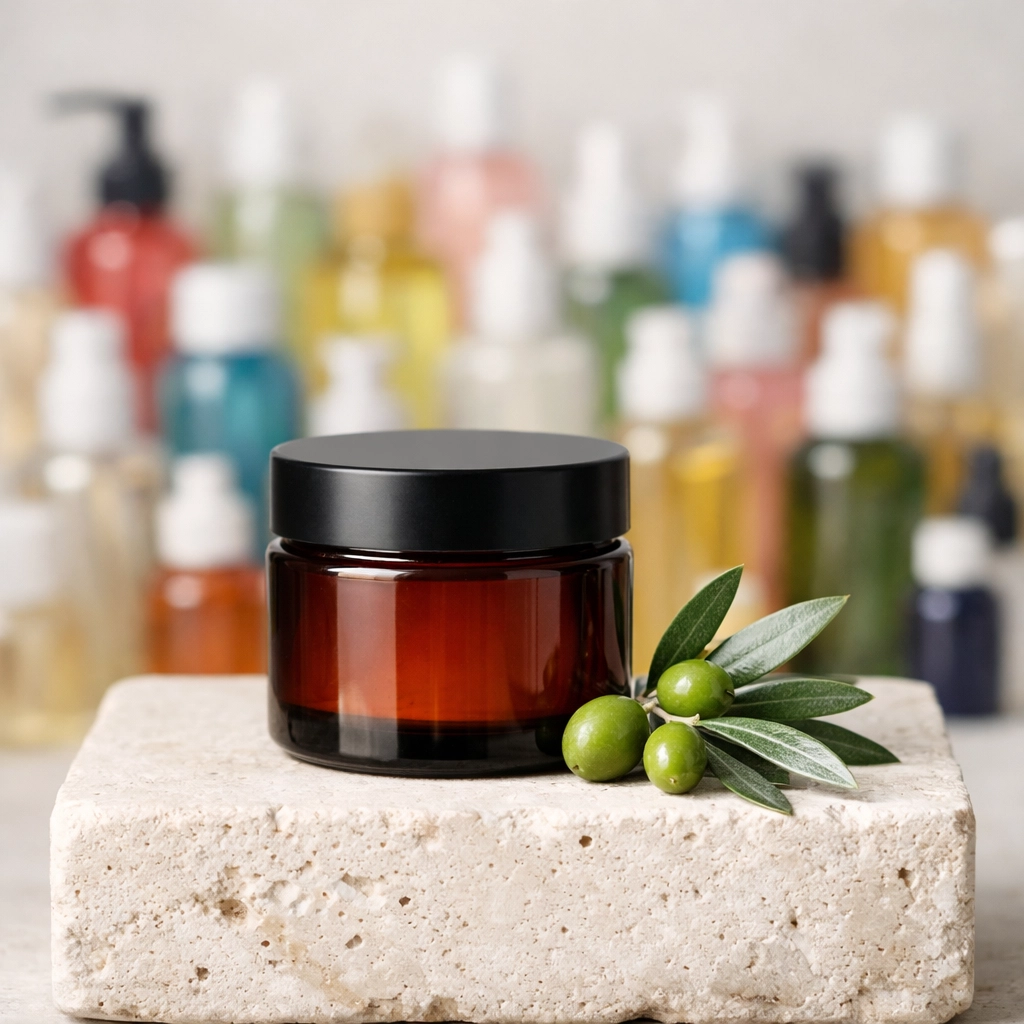 Amber glass jar of NECTR 2-ingredient moisturizer contrasting with a blurred pile of synthetic skincare bottles.