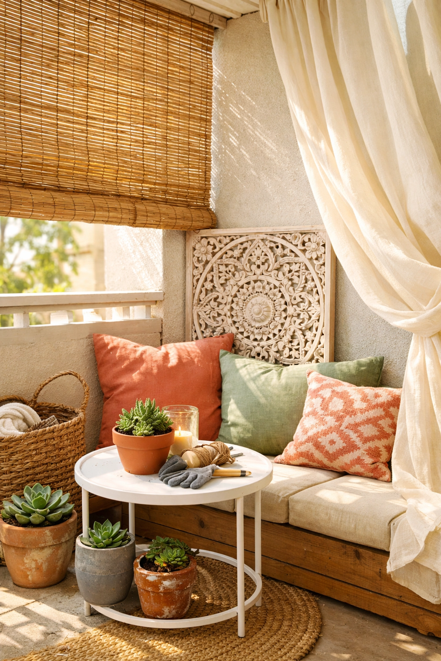 Budget balcony makeover with bamboo shade, outdoor curtains, and colorful cushions on small patio