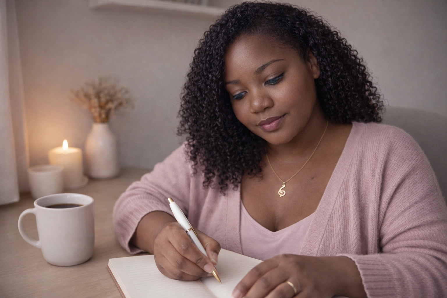 Cozy journaling workspace with coffee and notebook for setting boundaries and gentle self-reflection