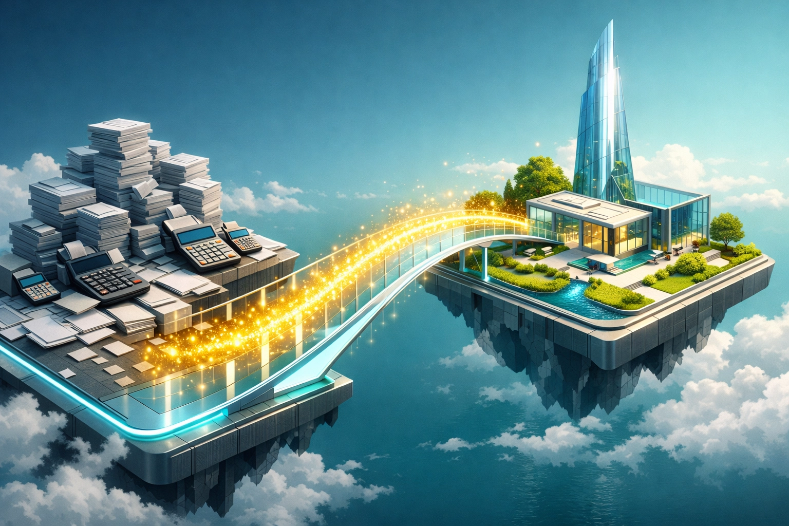 A bridge symbolizing the transition from traditional bookkeeping to automated fractional CFO services.